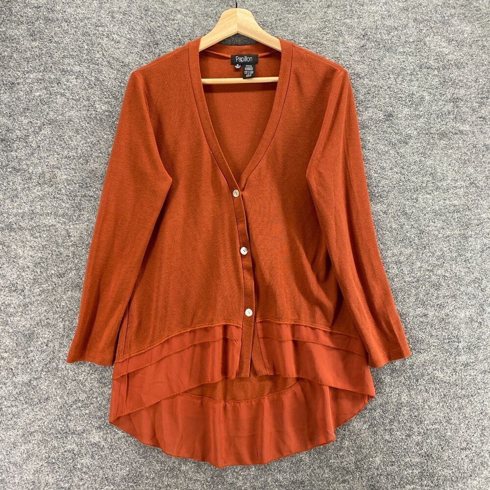 Papilon Cardigan Women M Medium Red Knit V-Neck Button Up Lonh Sleeve Casual